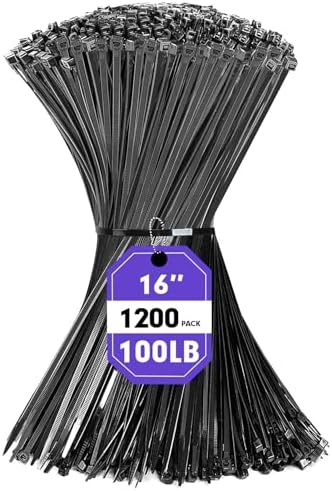 RAZCC 1200pcs Black Cable Zip Ties 16 Inch, Heavy Duty Plastic Wire Ties with 100lb Tensile Strength, Self-Locking Black Nylon Tie Wraps for Indoor and Outdoor by RAZCC