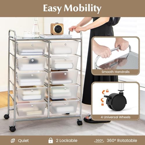 LDAILY 10 Drawer Rolling Cart, Storage Cart Organizer on Wheels, Drawer Cart with Metal Frame & Large Storage Capacity, Rolling Cart with Drawers for Living Room Classroom, Office - Image 4