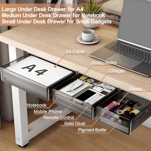 SVNNELP Under Desk Table Drawer Storage Organizer,3 Pack Large & Medium & Small Slide Out Desk Drawers - Hidden Desktop Organizer,Attachable Pencil Storage Tray Under Table(SML) - Image 3