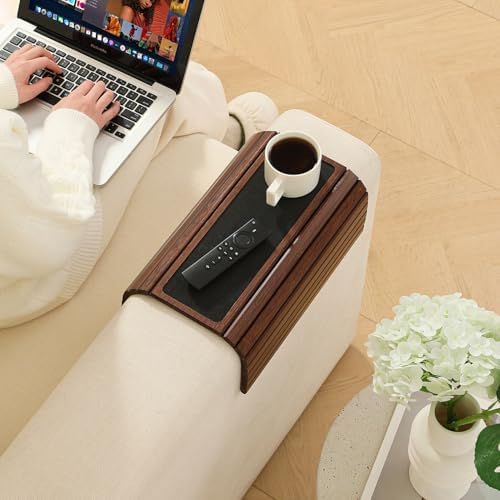 Bamboo Couch Arm Tray Table with Anti-Slip Cork Pad，Foldable Sofa Armrest Tray Table for Couch，Flexible Couch Arm Cup Holder，Portable Sofa Arm Chair Table for Drink, Snacks, Phone, Remote (Brown) - Image 6