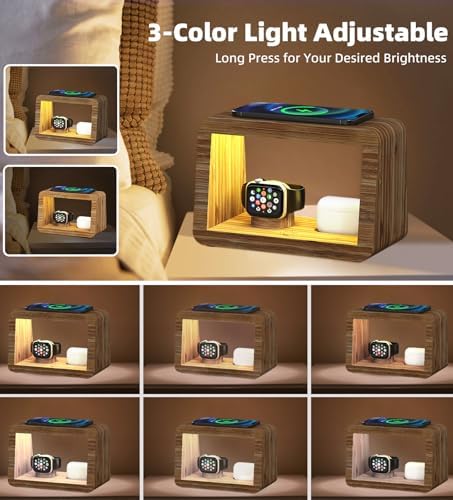 Bamboo Charging Station for Multiple Devices, 15W Fast Wireless Charger Night Light with 3 Color& 4 Adjustable Brightness, Night Stand Charger Station for iPhone/iWatch/AirPods (6953) - Image 3