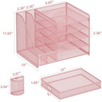 Marbrasse Desk Organizer with File Holder, 5-Tier Paper Letter Tray Organizer with Drawer and 2 Pen Holder, Mesh Desktop Organizer and Storage with Magazine Holder for Office Supplies(Pink) - Image 6