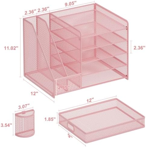 Marbrasse Desk Organizer with File Holder, 5-Tier Paper Letter Tray Organizer with Drawer and 2 Pen Holder, Mesh Desktop Organizer and Storage with Magazine Holder for Office Supplies(Pink) - Image 6