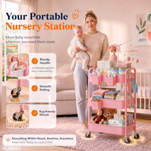 3 Tier Rolling Cart Metal with Lockable Wheels,Pink Baby Diaper Caddy Carts - Image 2