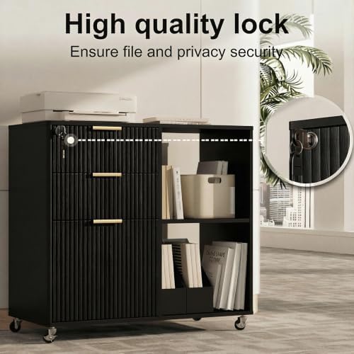 INNOD 3 Drawer Fluted Mobile Filing Cabinet with Lock, Lateral Rolling Under Desk File Cabinet, Wooden Printer Stand Table for Home Office Essentials Storage Organization Furniture Letters/A4(Black) - Image 5