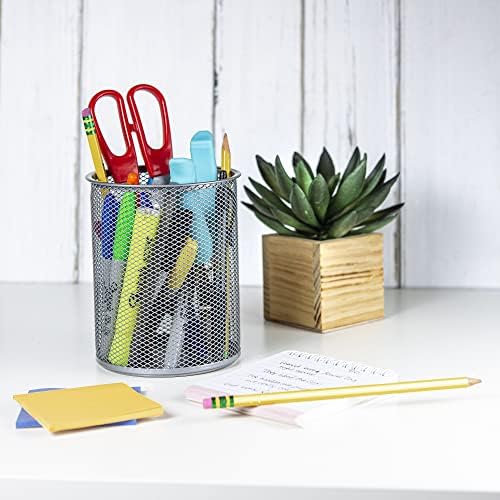 YBM HOME Office Round Desk Steel Mesh Pencil Cup Pen Holder Silver, 2210-6 Pack of 6 - Image 2