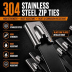 Stainless Steel Cable Tie Gun Set – 300PCS Black Metal Zip Ties (6/8/12", 100PCS Each) with Scissors, Gloves, Storage Bag for Fence Exhaust Automotive - Image 3