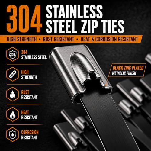 Stainless Steel Cable Tie Gun Set – 300PCS Black Metal Zip Ties (6/8/12", 100PCS Each) with Scissors, Gloves, Storage Bag for Fence Exhaust Automotive - Image 3