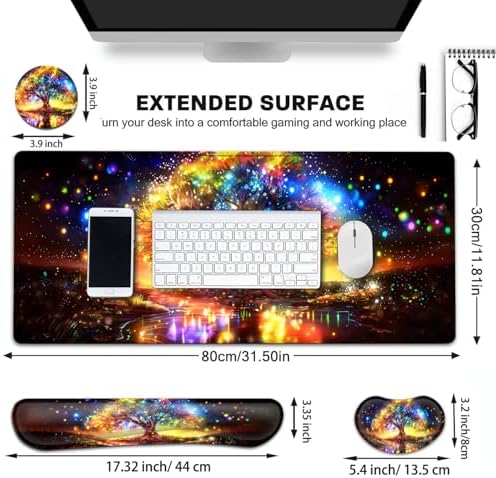 Large Gaming Mouse Pad+ Keyboard Wrist Rest Set, Ergonomics Memory Foam Mouse Mat Wrist Rest Support for Home Office, Waterproof Extended Mousepad 31.5x11.8in, Colorful Tree of Life Desk Pad - Image 6