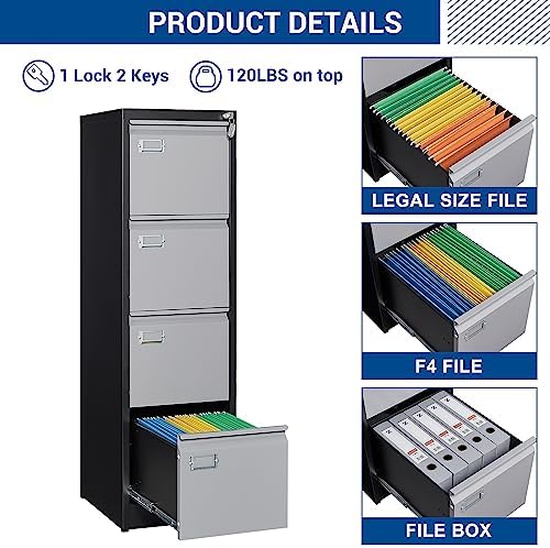 Fesbos File Cabinets - 4 Drawers Vertical 17.8" Deep Lockable Filing Cabinet - Black & Gray Metal Storage Cabinets for Home Office to Hanging Files Letter/Legal/F4/A4 Size - Image 4