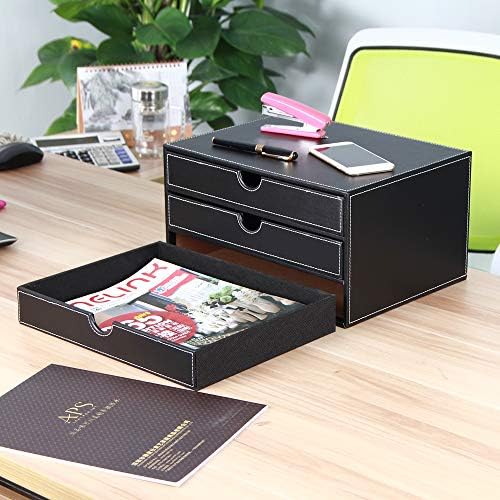 High-end PU Leather Desk Organizer File Cabinet Executive Office Supplies Desktop Filing A4 File Cabinet Stackable Storage Organizer Box with 3 Drawers (Black)… - Image 4