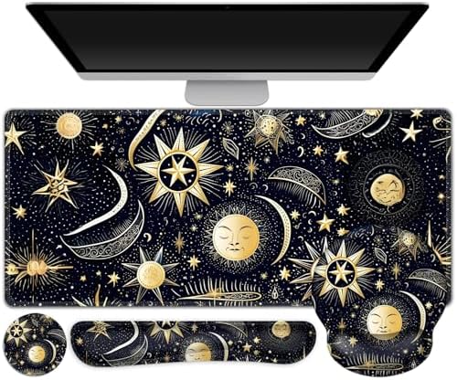 Gaming Mouse Pad, Large Desk Mat, Cute Desk Pad Protector, 4in1 XXL Mousepad + Keyboard Wrist Rest+Mouse Wrist Rest+Coaster Set with Ergonomic Desk Pad for Home Office PC Computer, Stars and Moon by ToLuLu
