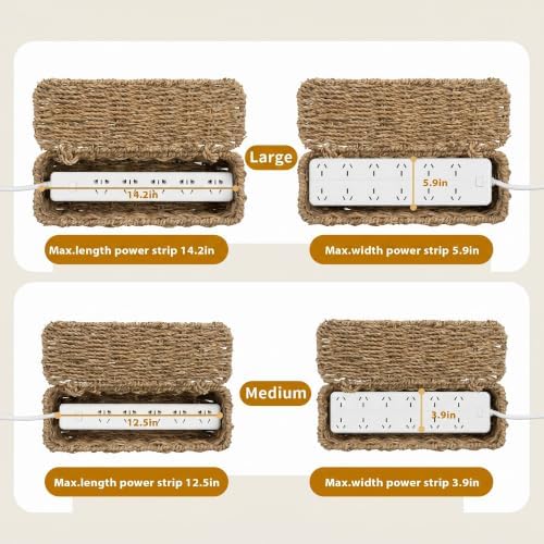 2 Pack Handwoven Cable Management Box with Lid, Decorative Cord Organizer for Power Strips, Chargers, TV Wires, Desk, Home & Office Storage, Natural Sea Grass - Image 4