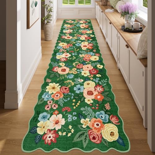 DUKINO 2.6x8 Runner Rug, Floral Washable Kitchens Rug Non Slip, Dark Green by DUKINO