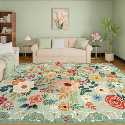 DUKINO 8x10 Area Rugs, Floral Washable Living Room Rug Non Slip, Green - Image 3