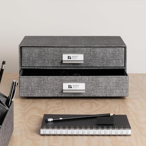 Bigso Birger 2-Drawer Canvas Fiberboard Easy Pull Handle Box - Desktop Drawers for A4 and Letter Size Papers - Desk Drawers with Metal Label Holder - 13.1in x 10in x 5.7in - Melange Grey - Image 6