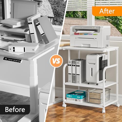 3-Tier Large Printer Stand with Storage, Rolling Printer Cart with Lockable Wheels for Home, Office (White) - Image 6