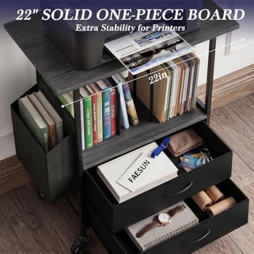 Faesun Printer Stand with Storage, 22'' Rolling Printer Table with 2 Fabric Drawers, File Cabinet for Home Office, Small Office Storage Cabinet with Side Pocket & Dividers, Gray - Image 3