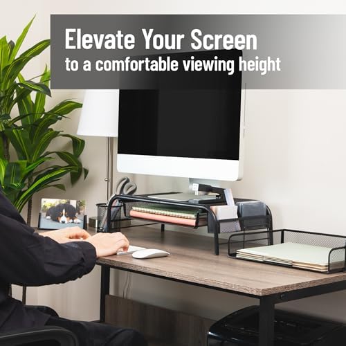 Mind Reader Monitor Stand, Ventilated Laptop Riser, Paper Tray, Office, Metal Mesh, Set of 2, Black - Image 2