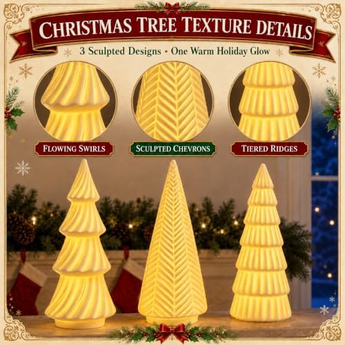 Lighted Ceramic Christmas Tree Set of 3 White Tabletop Christmas Decor - Image 4