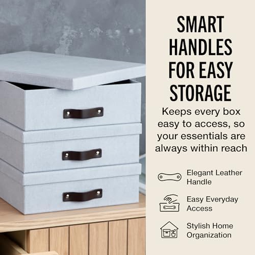 Bigso Oskar Canvas Fiberboard Document Letter Box - File Organizer Box for Important Paperwork - Document Storage with a Lid & Leather Handle - 3.3 in x 10.2 in x 13.8 in - 3 Pack - Ash - Image 5
