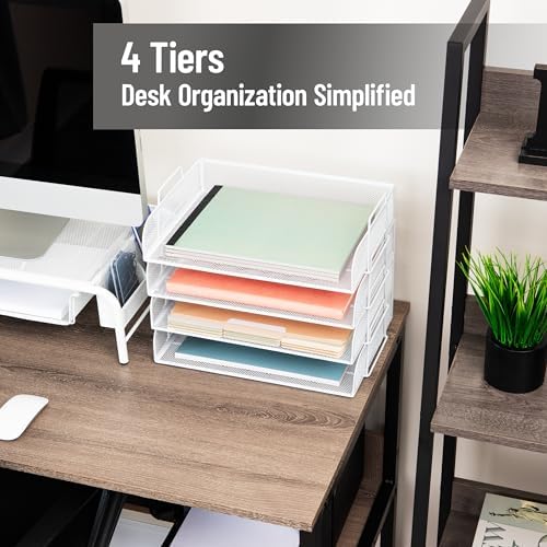 Mind Reader Stackable Paper Tray, Desktop Organizer, File Storage, Office, Metal Mesh, 4 Pcs., White - Image 2