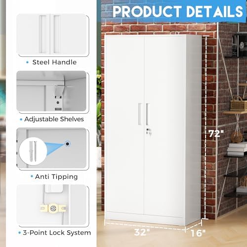 Greenvelly White Metal Storage Cabinet, 72" Steel Locking Cabinet with Doors and 4 Adjustable Shelves, Tall Tool Cabinets Lockable File Cabinet for Home Office, Metal Classroom Cabinet for Garage - Image 3