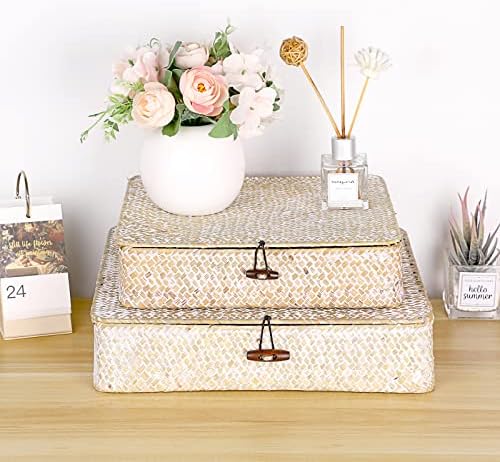 Hipiwe Set of 2 Flat Woven Wicker Basket Bins with Lid Natural Seagrass Box - Image 2