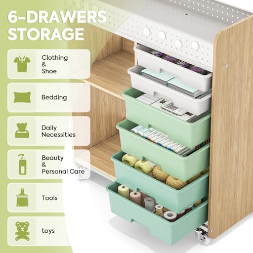 Rolling Craft Cart with 6 Drawers, Pegboard and Locking Wheels Green - Image 4