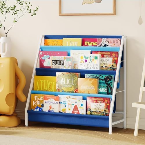 Aokitsink Kid Bookshelf for Kids Rooms, 4-Tier Blue Montessori Bookshelf,Toddler Children Bookshelf,Metal Kid's Book Storage Organizer for Boys Room Furniture Playroom Kindergarten by Aokitsink