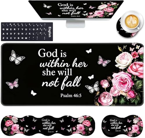 Keyboard Wrist Rest and Mouse Pad with Wrist Support Set Ergonomic Coaster,Memory Foam,Easy Typing Pain Relief,Large XL Desk Mat 31.5"x 11.8",Floral Bible by CICPLKSE