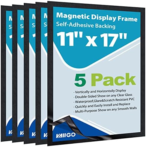 11"x 17" Self Adhesive Magnetic Sign Holder, Double Sided Window Magnetic Display Frame with Clear PVC and Strong Magnetic for Office/Store/Door/Glass/Refrigerator Display Frame(Black, 5Pack) by VAIIGO