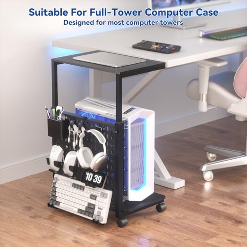 Computer Tower Stand with Pegboard Organizer, Height Adjustable 2-Tier PC Tower Shelf for Floor with Accessories, CPU Holder Cart with Locking Wheels for Most PC Gaming Home Office, 24.2-29.5" - Image 2