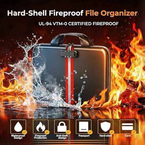 Fireproof Document Organizer with Lock, Semi-Rigid EVA Shell File Box with 13-Pocket Accordion Folder, Water-Resistant Storage for Important Documents, Passports & Certificates - Image 2