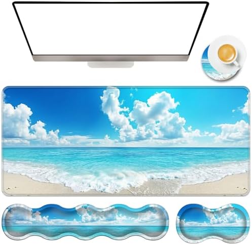 TGFEWYTJYJ Extended Gaming Mouse Pad,Memory Foam Ergonomic Keyboard Mouse Wrist Rest Support Set,Large Desk Mat with Stitched Edges,Non-Slip Base Mousepad Home Office,Blue Sky Ocean Beach by GFEWYTJYJ