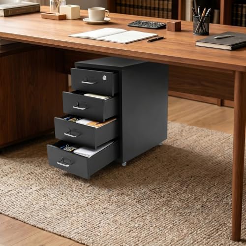 4 Drawer Vertical File Cabinet, Beige Metal File Cabinet with Lock(Black) - Image 2