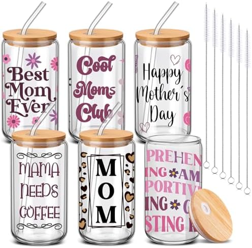 6 Pcs Mom Gifts for Mother's Day 16 oz Best Mom Ever Glass Cups by RimCereal