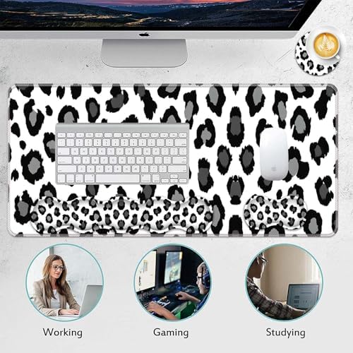 Mouse Pad Set,(31.5×11.8 in) Desk Pad + Keyboard Wrist Rest Support + Mouse Wrist Rest + Coaster for Office,Home,Computer,Laptop - 4 Black and White Leopard Print - Image 6