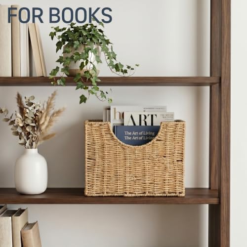 Coeusy Wicker Magazine Basket, Paper Rope Woven Magazine Holder for Files, Books, Documents, Newspapers, Narrow Boho Organizer and Storage Bins with Handle for Office, Living Room, Bathroom (Natural) - Image 6