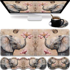 31.5"x 11.8" Oversized Gaming Mouse Pad Set, Ergonomic Keyboard and Mouse Wrist Rest + Cup Holder, Non-Slip Desktop Pad, Suitable for Home and Office Use, Cute Little Elephant Flower by FOKBVNFLL