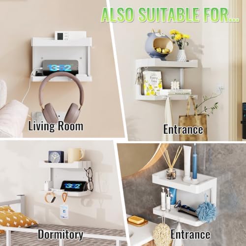 NiHome Bedside Wall Shelf Organizer, Wood 2-Tier Floating Nightstand, White - Image 5