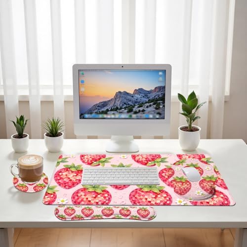 Strawberry Disco Desk Mat Set Fruit Pink Checkered Cute Large Mouse Pad with Wrist Rest 4in1 Desk Mat for Desktop Ergonomic Computer Desk Arm Wrist Anti-Slip Computer Mouse Pad Home Office Gaming - Image 6