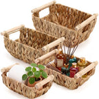 Newtay 4 Pack Wicker Storage Baskets, Hand Woven Basket for Organizing, Water Hyacinth Nesting Shelf Bins with Wooden Handles for Nursery Shelves, Bedroom Decor, Pantry School Office Desk, 4 Size by Newtay