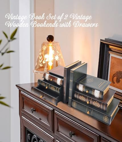 Vintage Wooden Bookends with Drawers – Decorative False Book Shelf Organizer for Home, Office, or Library (311) - Image 2