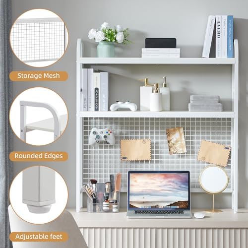 Desk Shelf, 36.8” Desktop Organizer Shelf with Grid Panel and Hooks, Desk Hutch for Computer Monitor, 2 Tier Desk Display Rack Wood Desktop Bookshelf Storage for Home Office Dorm (White, 36.8") - Image 5