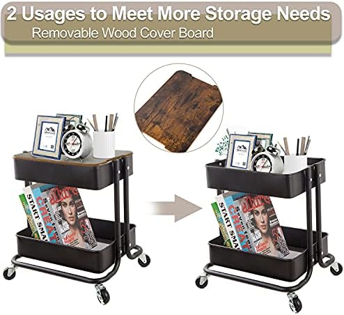 Melody House 2-Tier Metal Utility Rolling Cart Storage Organizer with Cover Board Mobile Trolley Sofa Side Table with Wheels for Office Home Kitchen Organization Black - Image 3