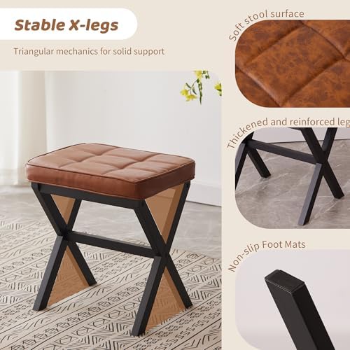 Foot Stool Small Ottoman Foot Rest Padded Foot Stool Desk for Under Office Desk Vanity Stool Bamboo Footstool Sofa Footrest Shoe Stool Small Foot Stools (Black Legs + Reddish Brown) - Image 4