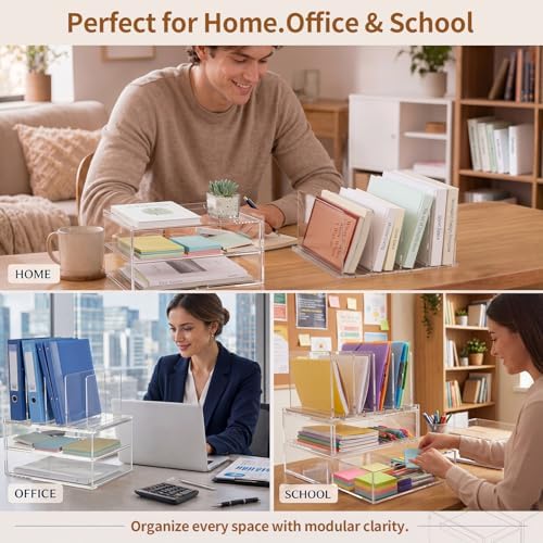 Ripeng Acrylic Desk Organizer with 2 Drawers, Vertical File Holder with 5 Detachable and Adjustable Dividers, Clear Desk Organizers and Accessories for Home, Office, School - Image 5