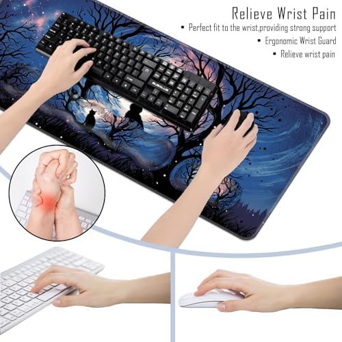 TGFEWYTJYJ Extended Gaming Mouse Pad,Memory Foam Ergonomic Keyboard Mouse Wrist Rest Support Set,Large Desk Mat with Stitched Edges,Non-Slip Base Mousepad Home Office,Black Cat Moonlight - Image 6