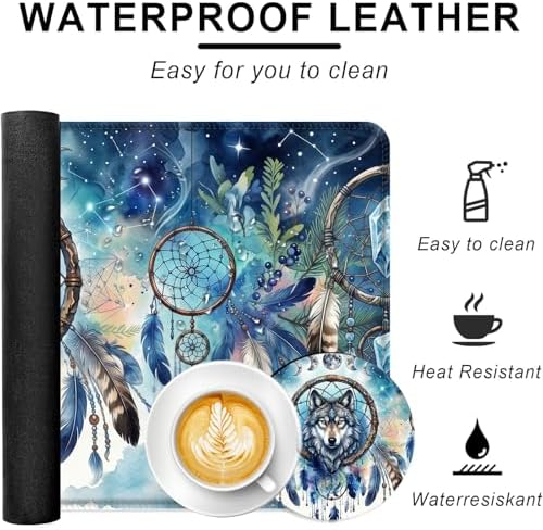 Large Keyboard Mouse Pad Set, Extended Mouse Pad+Keyboard Wrist Rest Support, Memory Foam Ergonomic Easy Typing, 4Pcs (31.5×11.8 in) Desk Pad Set for Office Home,Cool Wolf Dream Catcher - Image 2